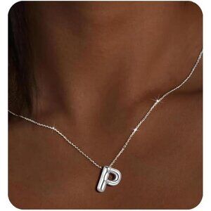 Silver Initial Pendant Necklace – Personalized Letter “P” Trendy Stuffed Bubble
